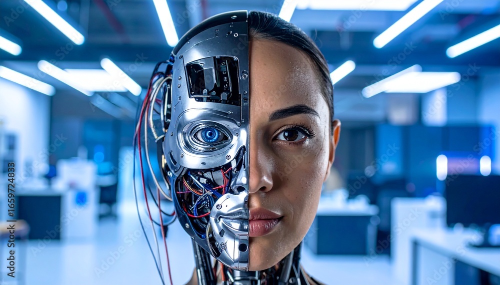 Poster the image features the face of a cyborg or android. the photo shows a split-faced composite with one