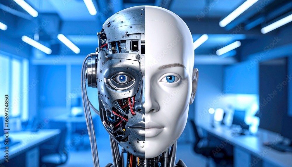 Poster a detailed shot of an android with a metallic and plastic face. the android is split in half
