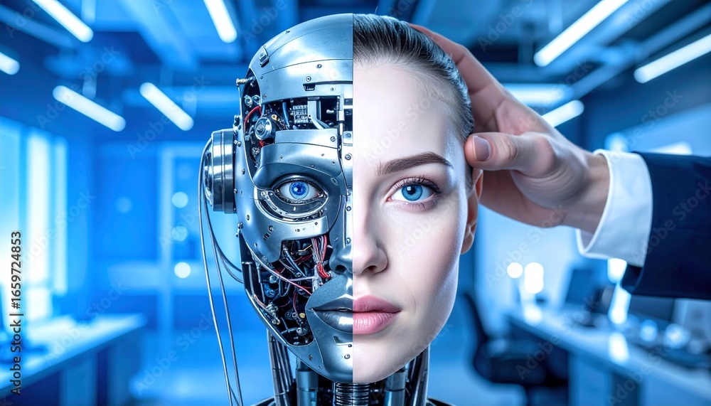 Poster a striking image of a futuristic concept blending human and artificial intelligence, showcasing both
