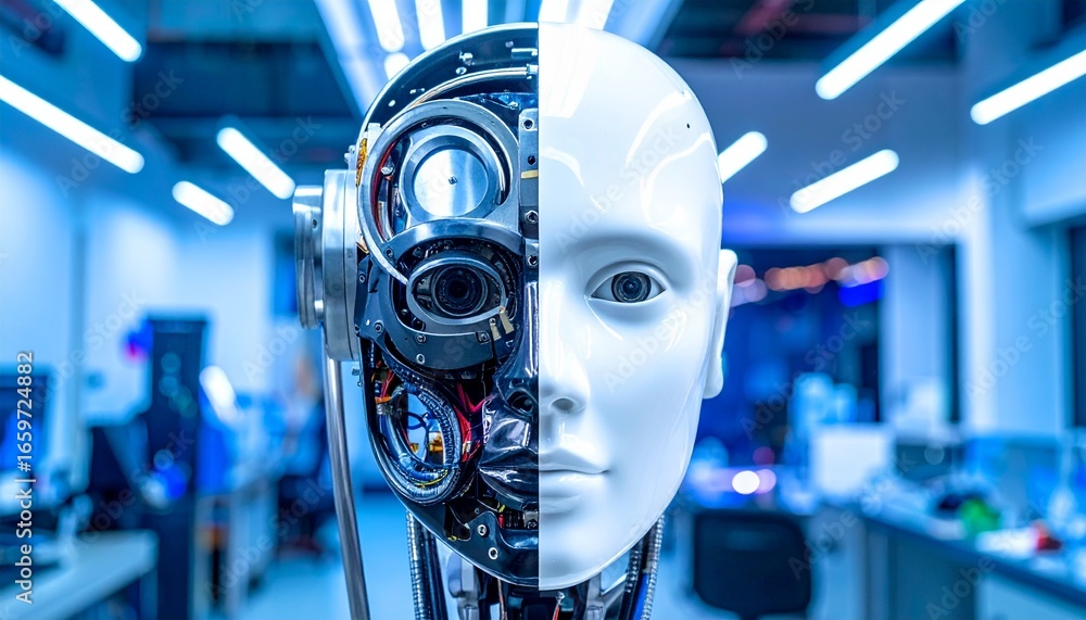 Poster the futuristic look of a humanoid robot showcasing its internal and external design, demonstrating t