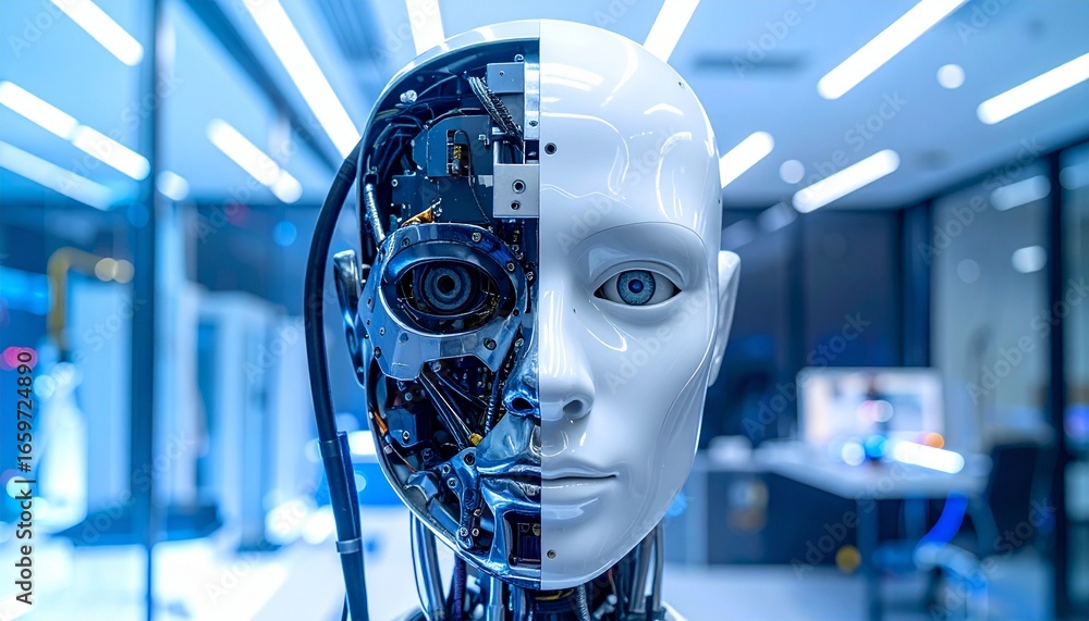 Poster the advanced robot head displaying its mechanical and human-like features, conveying the concept of 