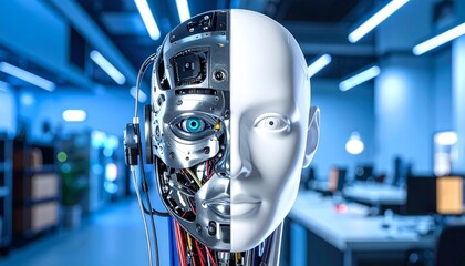 Fototapeta premium A robotic head, showcasing a blend of its metallic and human-like features, symbolizing the duality of technology and humanity