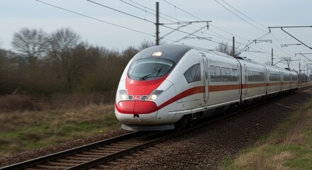 Obraz premium Aerodynamic German ICE High-Speed Train Speeding Through the Countryside.