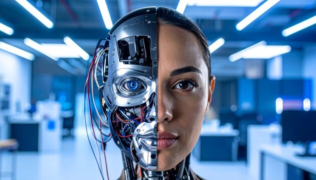 The image features the face of a cyborg or android. The photo shows a split-faced composite with one half the appearance of a human and the other half a robotic machine
