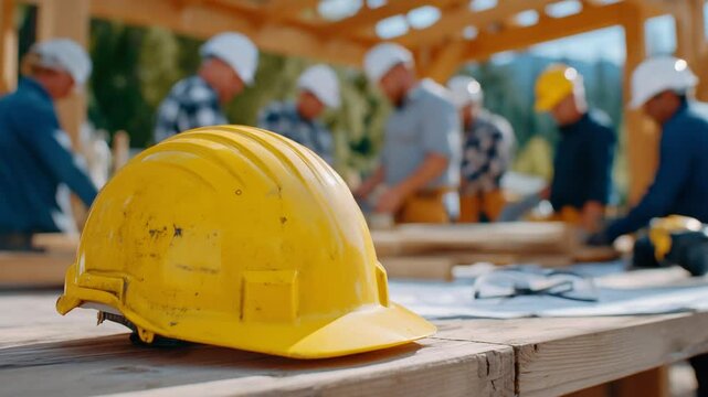 A wooden table with a yellow hard hat and safety goggles sits in front of a diverse team discussing an interior floor plan.