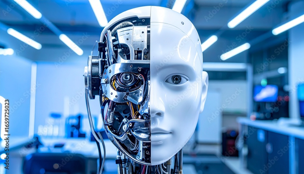 Poster the intricate design of a robot head, showcasing both its internal mechanisms and exterior shell. th