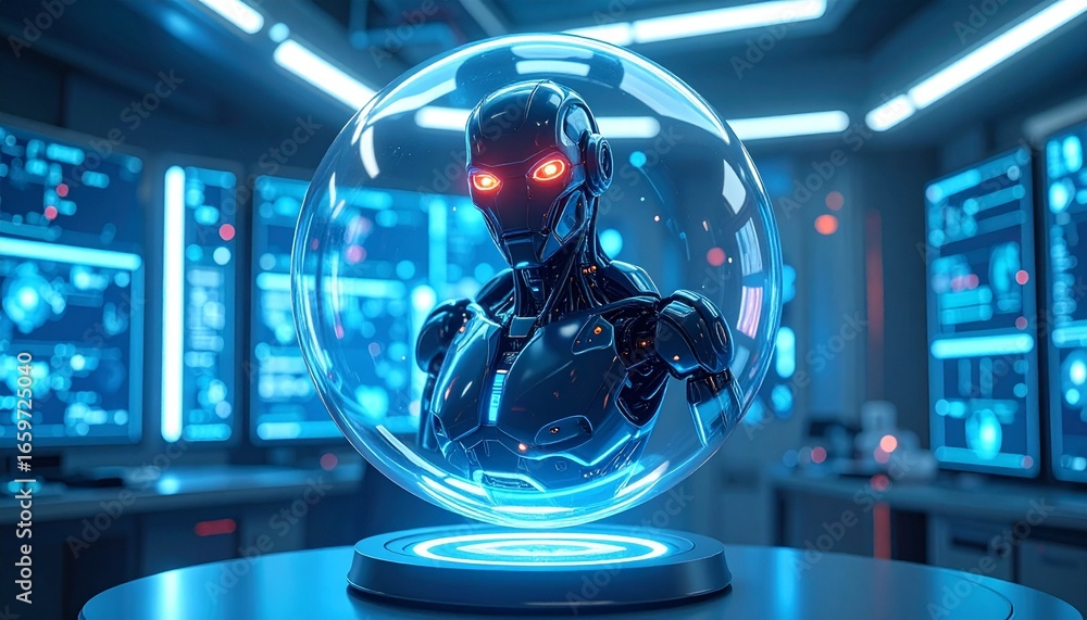 Aufkleber a futuristic cyborg enclosed in a transparent sphere inside a high-tech control room setting. glowin