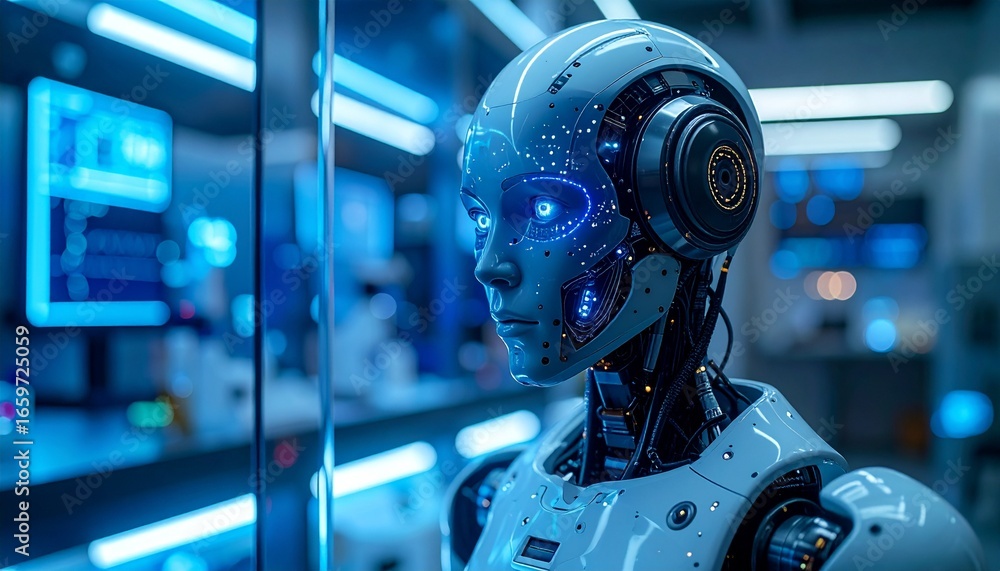 Poster an advanced robotic entity gazes forward with a thoughtful expression in a high-tech setting. the ro