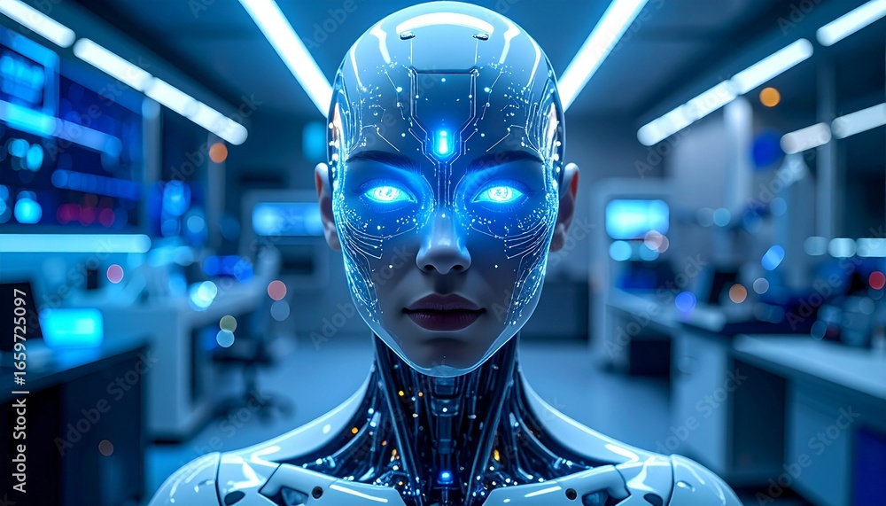Poster a futuristic robotic cyborg with glowing blue eyes standing in a laboratory setting. its metallic fe