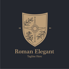Vintage Classic Minimalist Floral Shield Roman and Greek Line Drawing Style Logo Design, Simple T-shirt and Streetwear