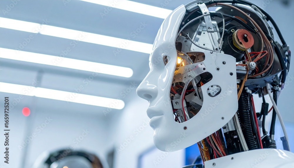 Poster close-up of a futuristic android robot with its mechanical components on display