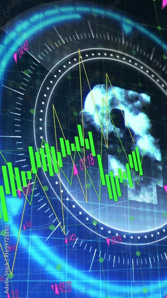 Poster animation of financial data processing over scope scanning with pound symbol on black background