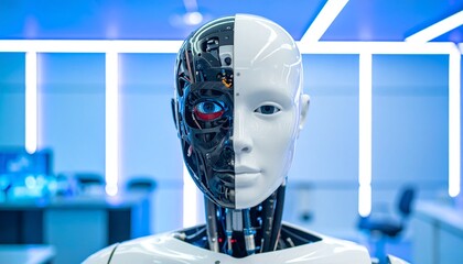 A detailed close-up of a futuristic cyborg with a half-human and half-robotic face, embodying the concept of advanced technology