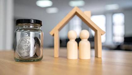 Conceptual image of home ownership and savings: a glass jar filled with coins next to a wooden house model and two wooden figures