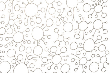 Close up of hand drawn doodle pen circle spirals and spots and dots on white background