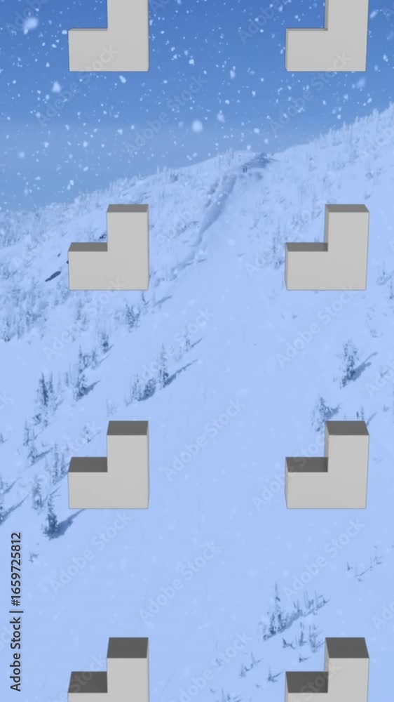 Poster animation of rows of abstract shapes pattern and christmas snow falling over winter scenery