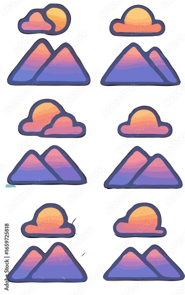 Aufkleber stylized illustrations of mountain ranges and clouds with a setting sun, in a repeating pattern.