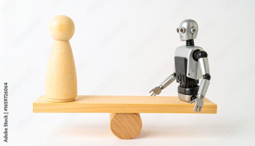 Poster balancing act: human and robot on a teeter-totter. the image depicts a robot and wooden figure on th
