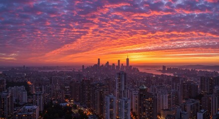 Fototapeta premium Vibrant City Skyline Sunrise with Orange and Purple Clouds