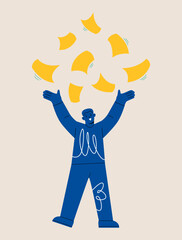 Man throwing papers up. Colorful vector illustration