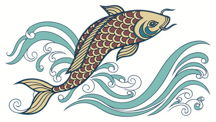 Illustration of a colorful koi fish jumping out of the water, , in a vintage decorative style
