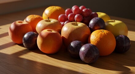 Sunlit Still Life of Colorful Fresh Fruit on Wooden Table