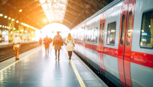 People waiting for the train in the railway station, people are going to or coming from somewhere, under the light of the sun