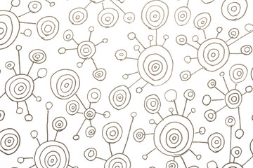 Fototapeta premium Close up of hand drawn doodle pen circle spirals and spots and dots on white background