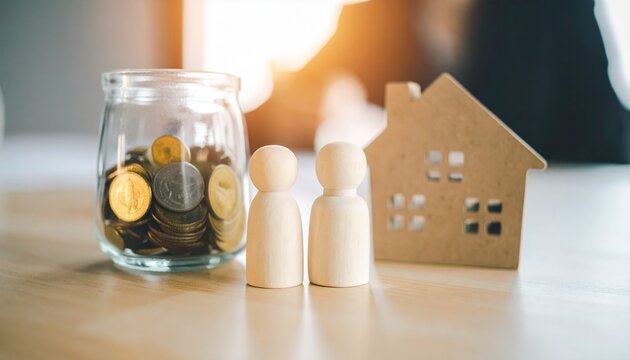 Saving for Homeownership: A close-up shot of a house model and savings jar, symbolizes achieving the dream of homeownership