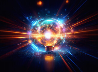 Obraz premium Abstract sci-fi double exposure image of a glowing lightbulb, surrounded by vibrant energy streams and a swirling, luminous background.