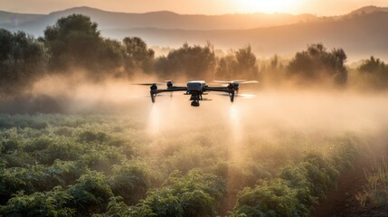 Drone spraying crops at sunrise agricultural field aerial view nature