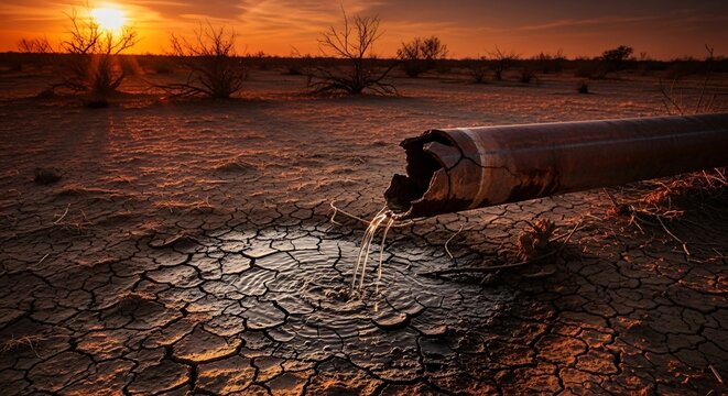 Last precious drops of water vanish into arid earth, symbolizing loss and scarcity during a dramatic golden hour glow.