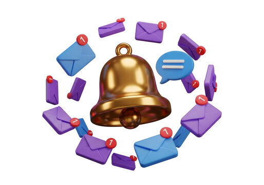 3d Render of a Golden Bell Surrounded by Email Notification Icons