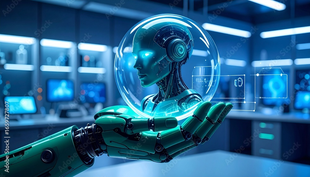 Poster a futuristic robot hand holding a glowing robot head inside a transparent orb, set in a high-tech la