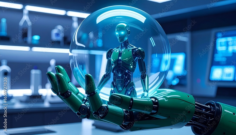 Poster a futuristic android with a vibrant green design is encapsulated within a translucent orb, held gent
