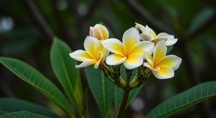 Fototapeta premium Closeup of White and Yellow Plumeria Blossoms