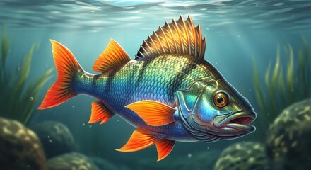 Naklejka premium Vibrant Freshwater Perch Swimming in Aquatic Environment