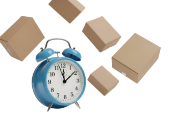 Blue Alarm Clock with Floating Cardboard Boxes