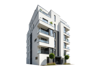Modern Apartment Building with Balconies, Glass Railings