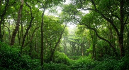 Fototapeta premium Lush Green Tropical Forest With Sunlight Streaming Through Canopy