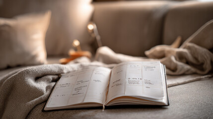 Cozy winter scene with a journal on a soft blanket, inviting you to relax and plan