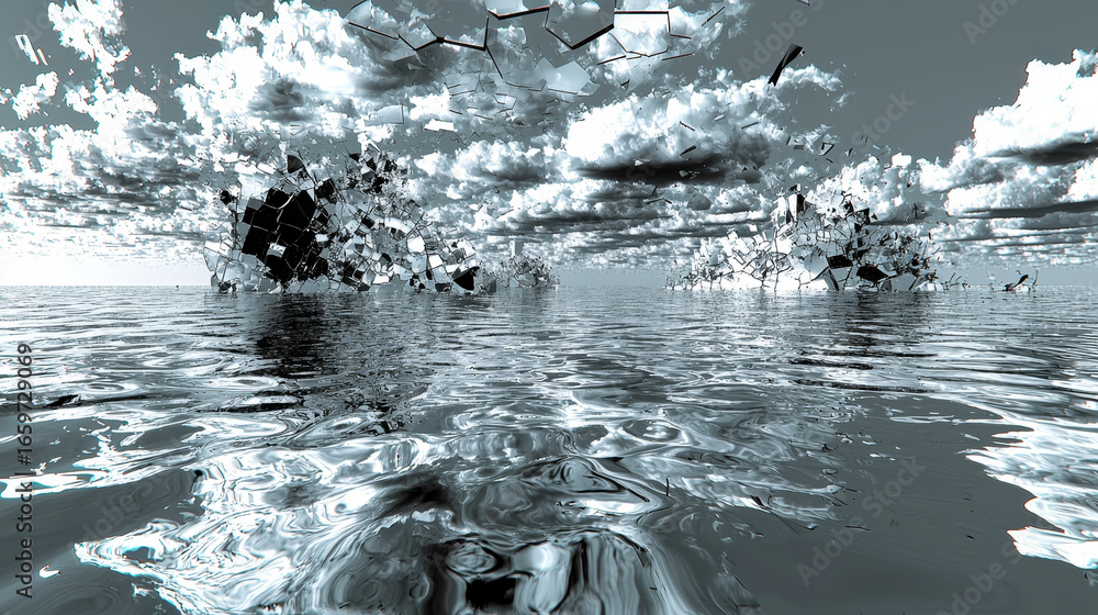 Poster surreal landscape featuring reflective water surface with fragmented structures emerging from depths