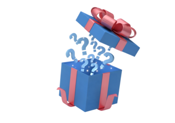 Blue Gift Box with Question Marks and Red Ribbon