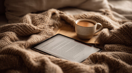 Enjoy a cozy autumn morning with a warm drink and digital reading under a blanket.