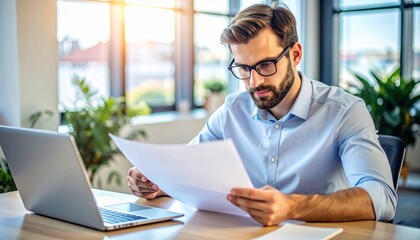 Obraz premium A focused individual examining documents with a laptop in a well-lit workspace, ideal for business and technology themes.