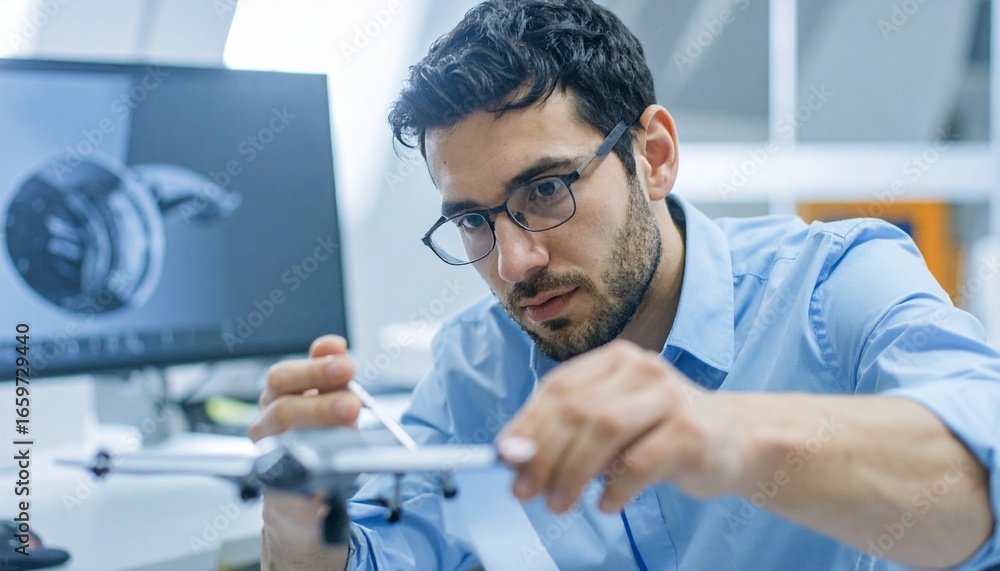 Poster an engineer meticulously examining a model, focused on technical precision and innovation. the scene