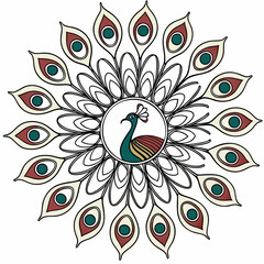 Vector art of elegant peacock mandala design with intricate feather patterns, perfect for decorative and artistic projects