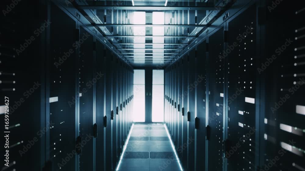 Poster modern data center with illuminated server racks on both sides. organized hardware, secure infrastru