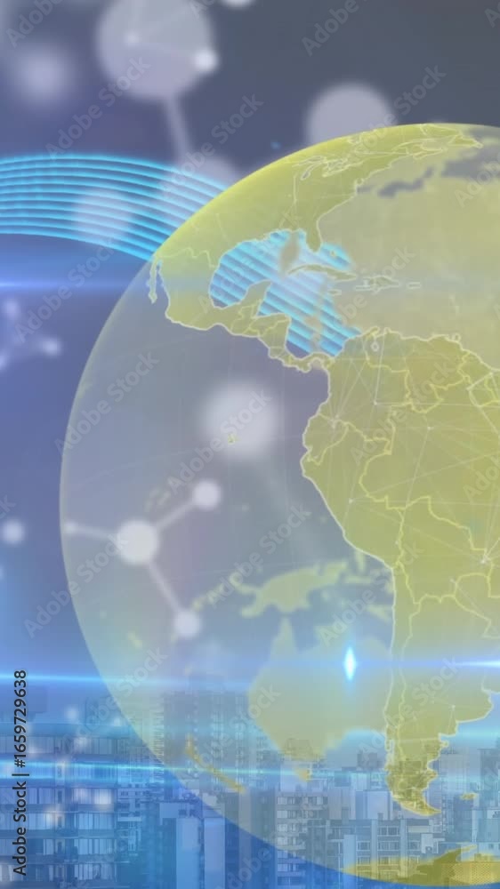 Aufkleber animation of globe, moleculess and data processing over cityscape