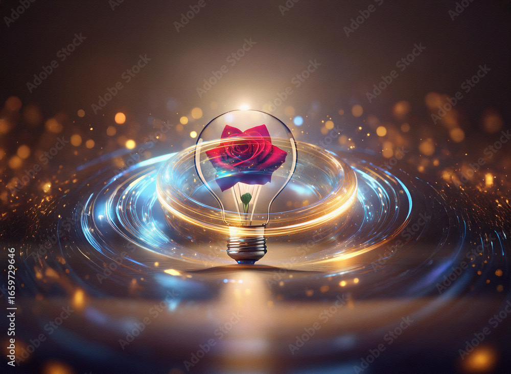 Poster abstract sci-fi double exposure image of a red rose inside a glowing lightbulb, set against a swirli